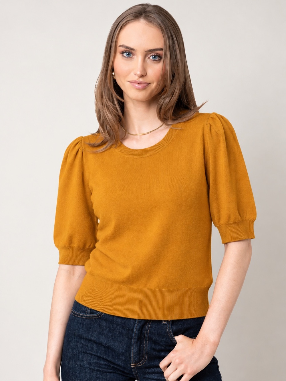 TULIP B | Mustard Short Puff-Sleeve Sweater Top